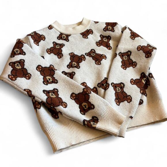 Cream Teddy Bear Knit Sweater Retro Kawaii Coquette Cute Novelty Size S - Picture 3 of 8